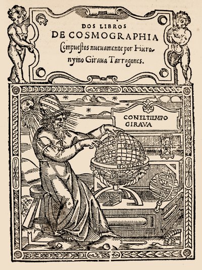 Titelside for Two Books of Cosmography af Hieronymo Girana Tarragones, fra The Narrative and Critical History of America, redigeret af Justin Winsor, London, 1886 (træbloktryk) af English School