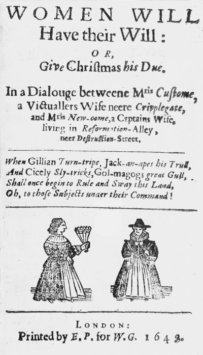 Titelblad for kvinder vil have deres testamente: eller give julen sin forfald, udgivet 1648 af English School