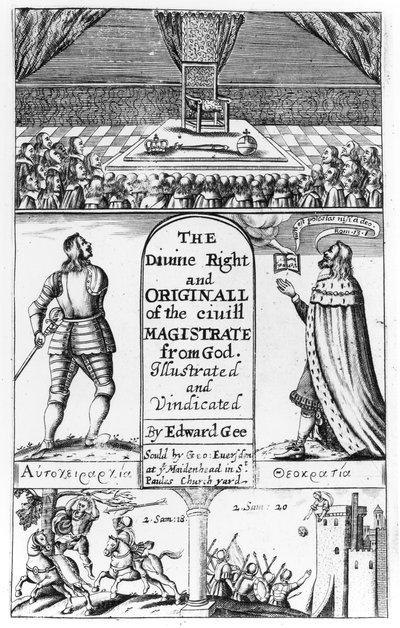 Titelside til den guddommelige ret og originalen af den civile dommer fra Gud, graveret af Edward Gee, 1658 af English School
