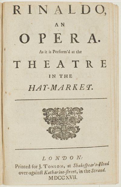Titelside fra librettoen af Händels opera "Rinaldo", af Giacomo Rossi, 1717 af English School