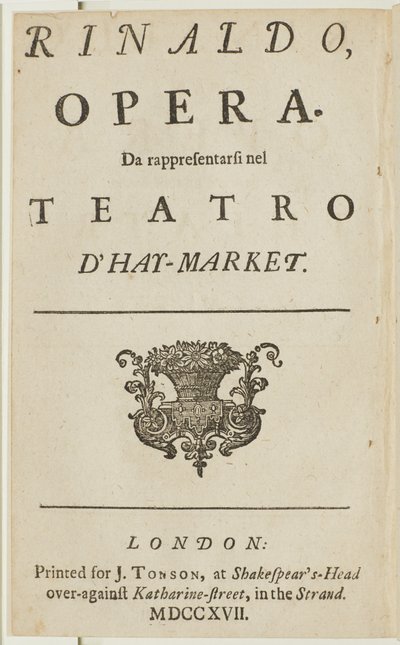 Titelside fra librettoen af Händels opera "Rinaldo", af Giacomo Rossi, 1717 af English School
