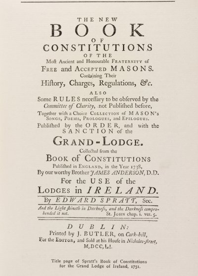 Titelside af Spratts Book of Constitutions for the Grand Lodge in Ireland, 1751 af English School