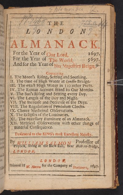 Titelsiden af The London Almanack, af William Salmon af English School