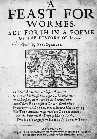 Titelside til A Feast for Worms, fremsat i et Poem of the History of Jonah af Francis Quarles, 1620 af English School