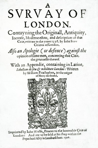 Titelside til A Survey of London af John Stow, udgivet i 1598 (trykt papir) af English School