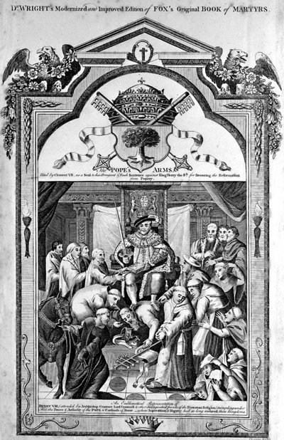 Titelblad, The Popes Arms fra The New and Complete Book of Martyrs, af Paul Wright af English School