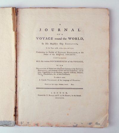 Titelseite eines Journals einer Reise um die Welt auf Seiner Majestät Schiff Endeavour in den Jahren 1768, 1769, 1770 und 1771, veröffentlicht in London, 1771 von English School