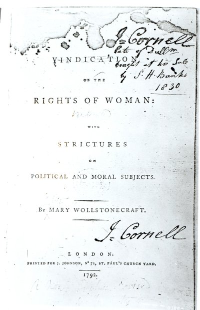 Titelblad for Vinddication of the Rights of Woman af Mary Wollstonecraft, udgivet i 1792 af English School