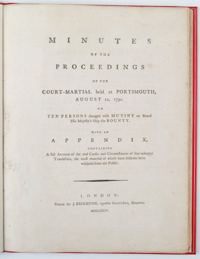 Titelblad til referatet af forhandlingerne ved krigsretten afholdt i Portsmouth, 12. august 1792, udgivet i London, 1794 (tryk) af English School