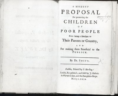 Titelblad til A Modest Proposal af Jonathan Swift, udgivet i 1729 (print) af English School
