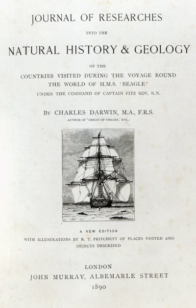 Titelblad til The Voyage of the Beagle af Charles Darwin, udgave udgivet i 1890 af English School