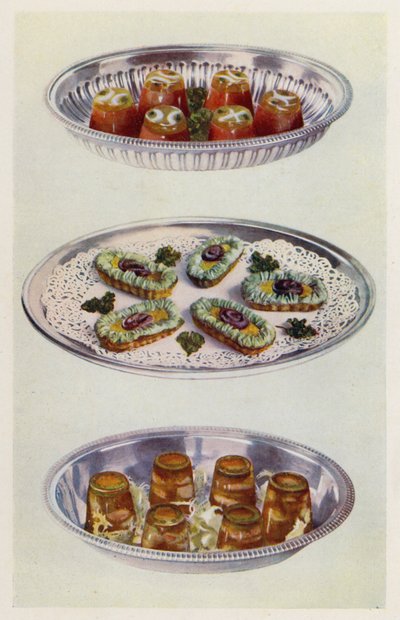 Tomatcreme; ansjosgondoler; rejer i aspic (farvelitografi) af English School