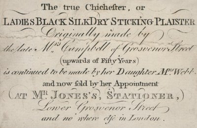 Trade card, den ægte Chichester, eller Ladies Black Silk Dry Sticking Plaister af English School
