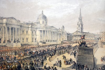 Trafalgar Square, fra A Memorial of the Marriage of Edward VII and Alexandra of Denmark, pub. 1864 af English School