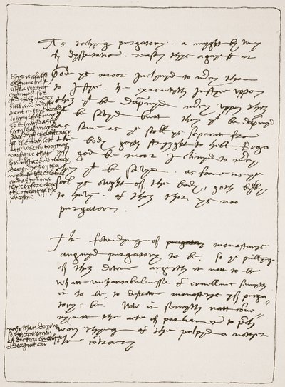 Afhandling af Latimer i hans egen håndskrift, der bestrider doktrinen om transsubstantiation, med marginale noter i Henry VIIIs skrift, fra The Church of England: A History for the People af H.D.M. Sp af English School
