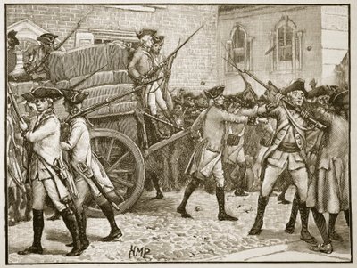 Tropper eskorterer det stemplede papir til rådhuset, New York, 1766, illustration fra Cassells Illustrated History of England (sepiafoto) af English School