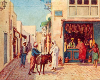 Tunis, gade i den arabiske by (farvelitografi) af English School