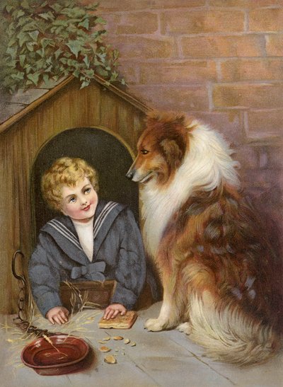 Turned Out - Dreng, der lader som om, han er en collie-hund (farvelitografi) af English School