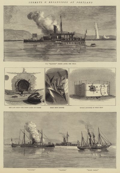 Turrets v Broadsides at Portland (gravering) af English School