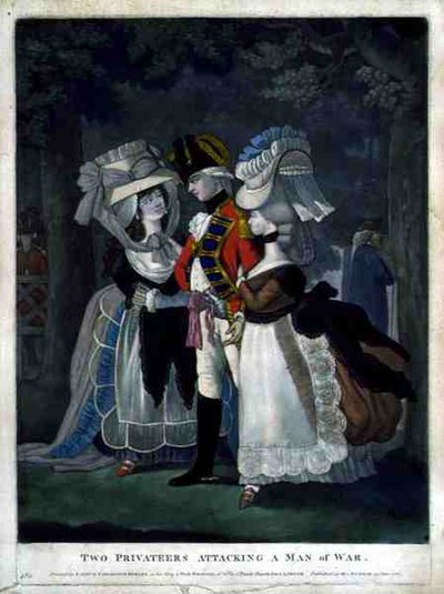 To privatister, der angriber en krigsmand, pub. af Carington Bowles (fl.1744-93) af English School