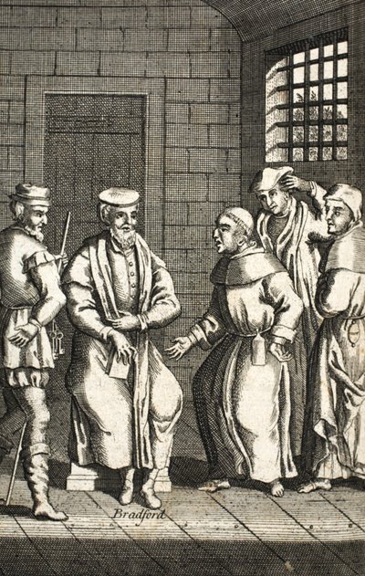 To spanske munke taler med hr. Bradford, illustration fra Foxes Martyrs c.1703 99:Foxes Book of martyrs; John Fox; c17th; Ræve; af English School