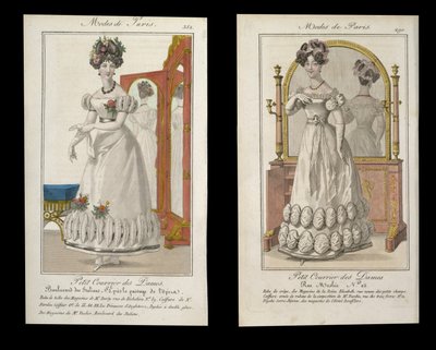 To modeplader af damer i aftenkjole, reklamer fra Modes de Paris, ca. 1825 af English School