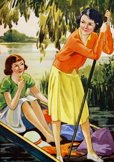 To piger, der slår på en flod (farve litho) af English School