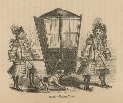 Zwei uniformierte Männer tragen einen Sänftestuhl von English School