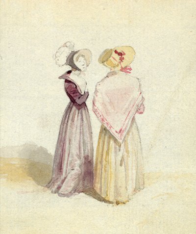 To kvinder i huer, ca. 1825 (wc på papir) af English School