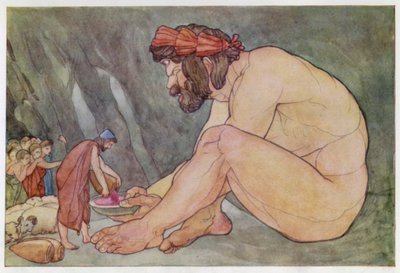 Ulysses giver vin til kykloperne (farve litho) af English School