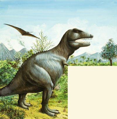 Uidentificeret dinosaurscene med T Rex og Pterodactyl af English School
