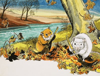 Uidentificeret scene med mus, der fejer efterårsblade af English School