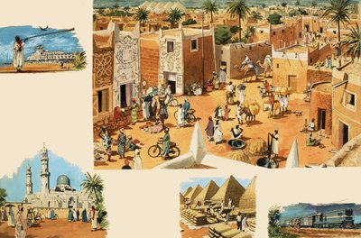 Uidentificerede scener fra Egypten, herunder det gamle Egypten og pyramider af English School