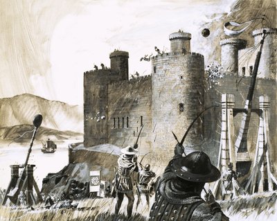 Uidentificeret belejring af et slot ved hjælp af en trebuchet af English School