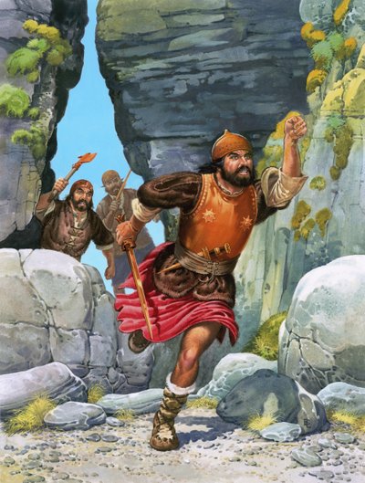 Unidentifizierter Soldat läuft durch große Steine von English School