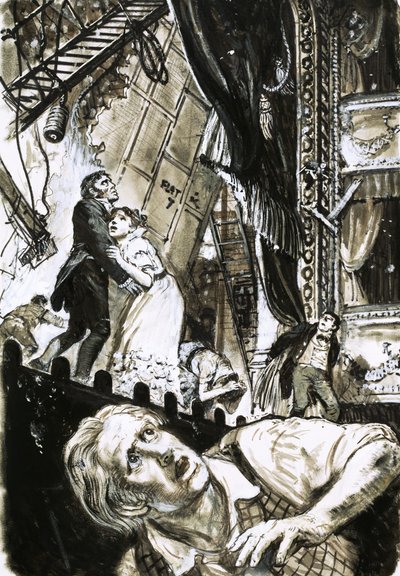 Uidentificeret teaterscene som et lysanlæg falder mod skuespillere på scenen af English School