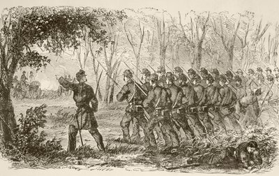 Unionssoldater på plateauet ved det første slag ved Bull Run (litho) af English School