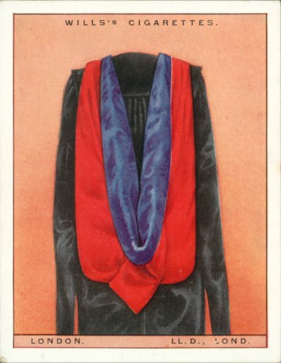 Universitetshætter og -kjoler: London University, Doctor of Laws, LLd, Lond (farvelitografi) af English School