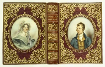 Øvre og nederste omslag og ryg med ovale portrætter af Robert Burns og Jessie Lewars af English School