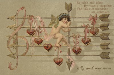 Valentins-kort, der involverer Amor, pil og musikpartitur af English School
