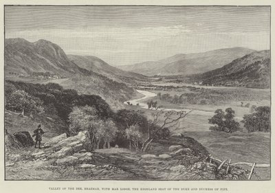 Valley of the Dee, Braemar, med Mar Lodge, højlandssædet for hertugen og hertuginden af Fife (gravering) af English School