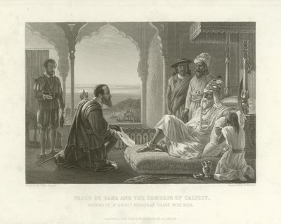 Vasco da Gama og Zamorin fra Calicut, 1498 af English School