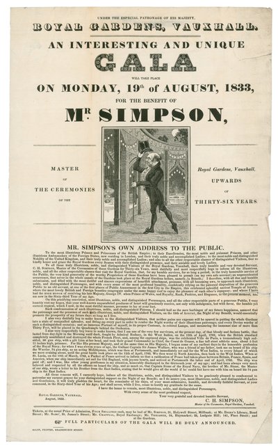 Vauxhall Gardens, Benefizveranstaltung für Mr. Simpson, 19. August 1833 von English School