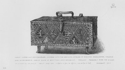 Victoria And Albert Museum: Skrin, forgyldt og emaljeret i kobber, beklædt med Armorial Shields of England, Angoulesme, Valence, Earl of Pembroke, Dreux Duke of Bretagne og Brabant, engelsk, sandsynligvis lavet til William eller Aymer de Valence, omkring 1 af English School