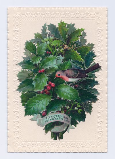 Victoriansk jule- og nytårskort af en rødstrupe i en buket kristtornblade, ca. 1880 (farve litho) af English School