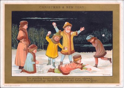 Victoriansk jule- og nytårskort med børn, der leger i sneen og kaster snebolde, ca. 1880 (farvelitografi) af English School