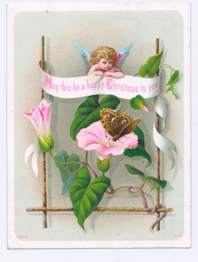 Victoriansk julekort af en amor, der kigger på en sommerfugl på en lyserød blomst, ca. 1880 (farvelitografi) af English School