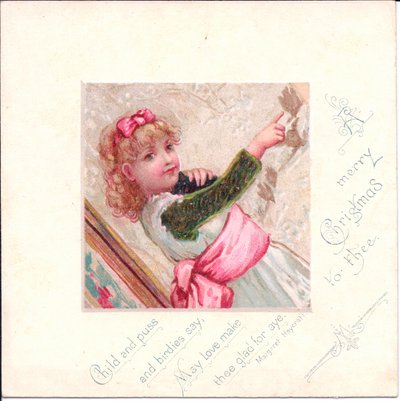 Victoriansk julekort af en ung pige, der holder en kat og peger en finger ad noget, ca. 1880 (farve litho) af English School