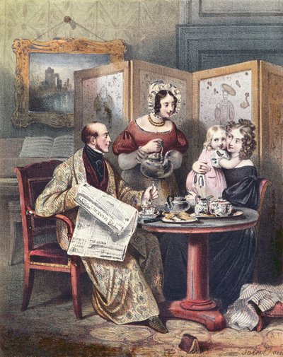 Victoriansk familie til morgenmad, ca. 1840 af English School