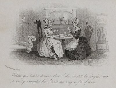 Victoriansk spinster forklarer årsagen til hendes tilbageværende single (gravering) af English School